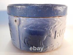 Antique Blue & White Stoneware Cows & Fence Salt Glaze Butter Crock