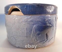 Antique Blue & White Stoneware Cows & Fence Salt Glaze Butter Crock