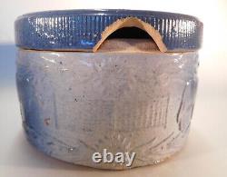 Antique Blue & White Stoneware Cows & Fence Salt Glaze Butter Crock