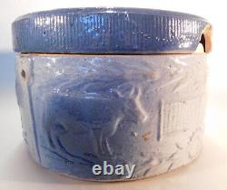 Antique Blue & White Stoneware Cows & Fence Salt Glaze Butter Crock