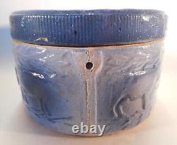 Antique Blue & White Stoneware Cows & Fence Salt Glaze Butter Crock