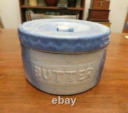 Antique Blue and White Cherries Butter Crock With Lid and Handle Cherry
