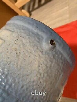 Antique Blue and White Stoneware Butter Crock Good Luck Sign Pottery