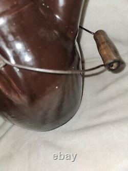 Antique Brown Glaze Stoneware #1 Batter Jug Crock Metal Wood Handle