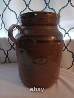 Antique Brown Glazed Stoneware Butter Churn Crock with Handle #3 1800s. 13.5in