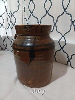Antique Brown Glazed Stoneware Butter Churn Crock with Handle #3 1800s. 13.5in