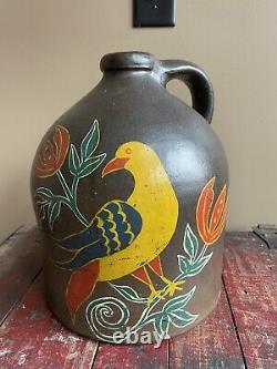 Antique Brown Stoneware Crock Jug with Folk Art Bird Painting