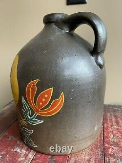 Antique Brown Stoneware Crock Jug with Folk Art Bird Painting