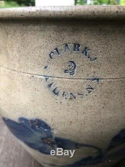 Antique Clark NY Stoneware Cobalt Blue 2 Gal Crock Primitive Nice! Leaf Design