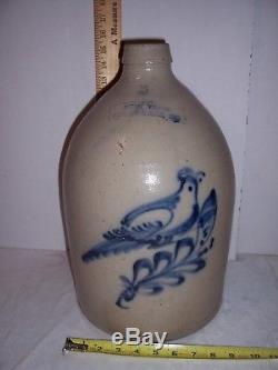 Antique Cobalt Blue Bird Stoneware Jug Folk Art Primitive Country Store Crock NY