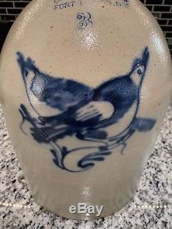 Antique Cobalt Blue Decorated Stoneware Pottery Jug Double Crossed Birds. AAFA