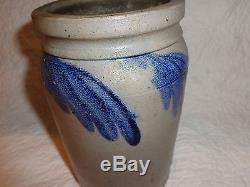 Antique Cobalt Blue Decorated Stoneware Pottery Table/Pantry Storage Crock