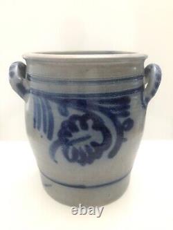 Antique Cobalt Blue Grey Stoneware Salt Glazed Handled Crock Pot 9.5