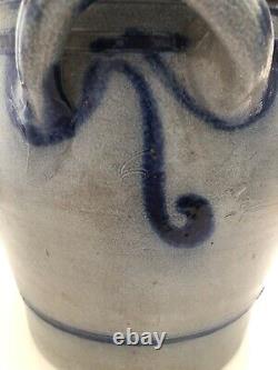 Antique Cobalt Blue Grey Stoneware Salt Glazed Handled Crock Pot 9.5