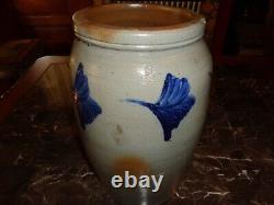 Antique Cobalt Blue Leaf Decorated Stoneware Pottery 2 Gallon Crock, Jar