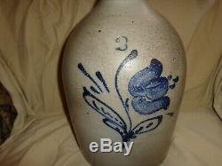 Antique Cobalt Blue Tulip Decorated Stoneware Pottery 3 Gallon Jug, (j1)