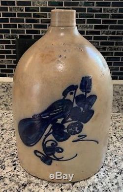 Antique Cobalt Decorated Stoneware Jug with Paddle-tail Bird N. A. White, Utica AAFA