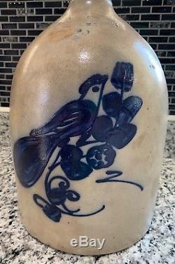 Antique Cobalt Decorated Stoneware Jug with Paddle-tail Bird N. A. White, Utica AAFA
