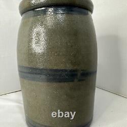Antique Cobalt Striped Pottery Canning Jar Crock Stoneware Country Primitive