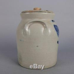 Antique Cortland, New York Blue Decorated & Covered Stoneware Jar