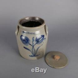 Antique Cortland, New York Blue Decorated & Covered Stoneware Jar