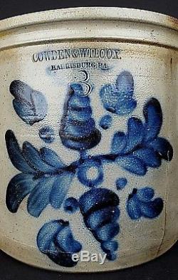 Antique Cowden & Wilcox 3 Gallon Stoneware Butter Crock Heavily Decorated Cobalt