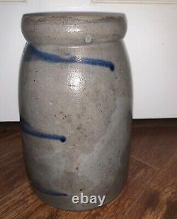 Antique Crock Grey With3 Wavy Blue Lines 8 1/4 T X 5.5 W Stoneware Wax Sealer WV