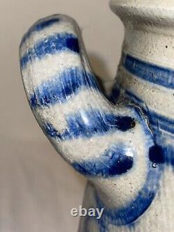 Antique Crock Stoneware saltglazed double handled with bluebird On Both Sides