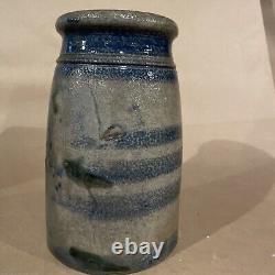 Antique EARLY Gray Brown Cobalt Blue 6 Striper Stoneware Crock