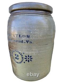 Antique E. B. Taylor Richmond, Va. #2 Stoneware Crock Jar No Chips or Cracks Nice
