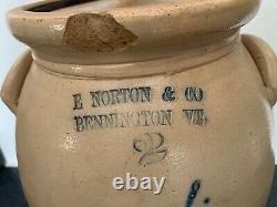 Antique E. NORTON & CO 2 Gal Stoneware Jug Crock With Lid Salt Glaze Blue Cobalt