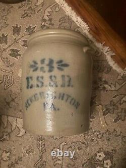 Antique E. S. &B. 3 Gal. Stoneware Butter Churn Crock Stenciled Cobalt Decoration
