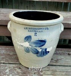 Antique E W Farrington Elmira NY Stoneware 2 Gal Ovoid Crock Cobalt Blue Flowers