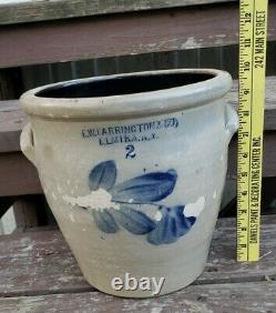 Antique E W Farrington Elmira NY Stoneware 2 Gal Ovoid Crock Cobalt Blue Flowers