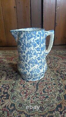 Antique Early Country Stoneware Blue Spongeware Crock Pitcher 9.25