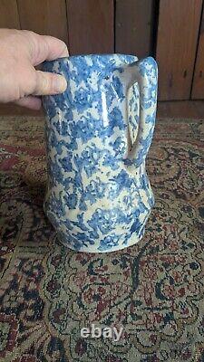 Antique Early Country Stoneware Blue Spongeware Crock Pitcher 9.25