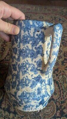 Antique Early Country Stoneware Blue Spongeware Crock Pitcher 9.25