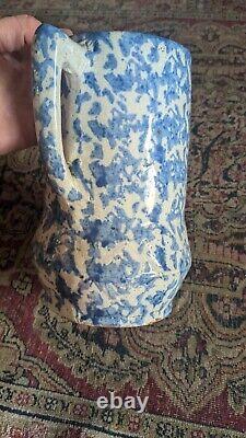 Antique Early Country Stoneware Blue Spongeware Crock Pitcher 9.25