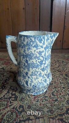 Antique Early Country Stoneware Blue Spongeware Crock Pitcher 9.25