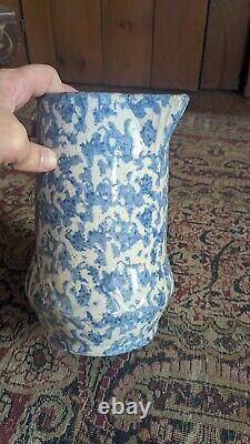 Antique Early Country Stoneware Blue Spongeware Crock Pitcher 9.25