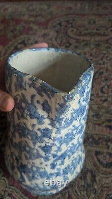 Antique Early Country Stoneware Blue Spongeware Crock Pitcher 9.25