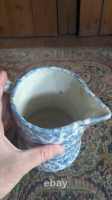 Antique Early Country Stoneware Blue Spongeware Crock Pitcher 9.25