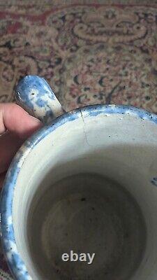 Antique Early Country Stoneware Blue Spongeware Crock Pitcher 9.25