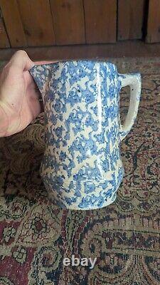 Antique Early Country Stoneware Blue Spongeware Crock Pitcher 9.25