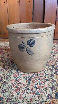 Antique Early Stoneware Dark Salt Glaze Cobalt Blue Leaf Cream Pot Crock 8