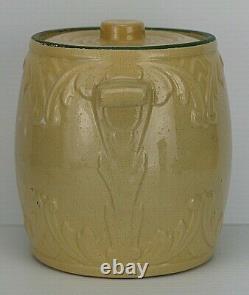 Antique Embossed Yellow Ware Stoneware Lidded Cookie Crock Jar USA 108