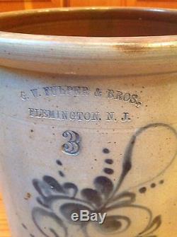 Antique G. W. Fuller & Bros 3 Gallon Stoneware Crock Flemington N. J. Excellent