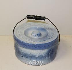 Antique Gray & Blue Stoneware Butter Crock with Lid Original