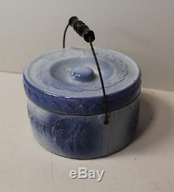 Antique Gray & Blue Stoneware Butter Crock with Lid Original