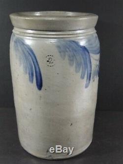 Antique Gray Stoneware Cobalt Blue Decorated Flower 2G CROCK 2 in dotted circle